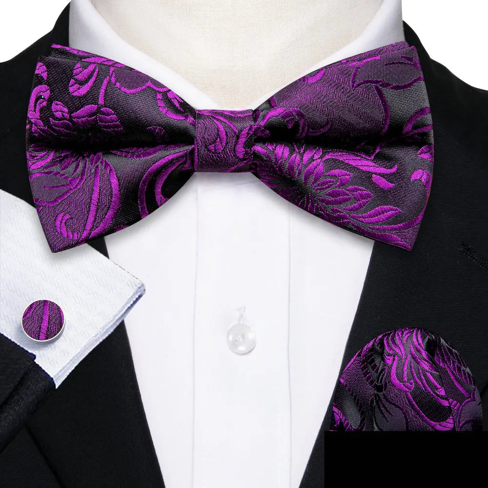 Barry.Wang Silk Bow Tie Hanky Cuffs Set