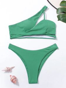 Ribbed One Shoulder Solid Padded Bathing Suit