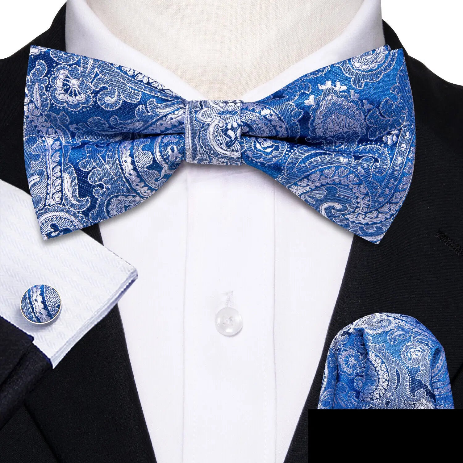 Barry.Wang Silk Bow Tie Hanky Cuffs Set