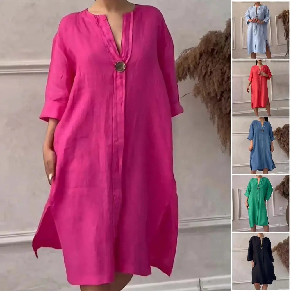 Soft Fabric Button V-neck A-line Midi Dress with Three Quarter Sleeves