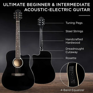 Acoustic Electric Guitar Starter Set w/ 41" All Wood Cutaway Design, Case, Strap, Picks, Tuner