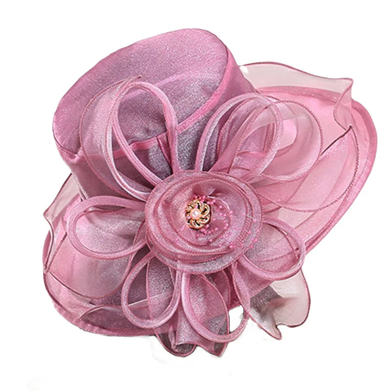 Organza Mesh Flower Embellished Wide Brim Hat
