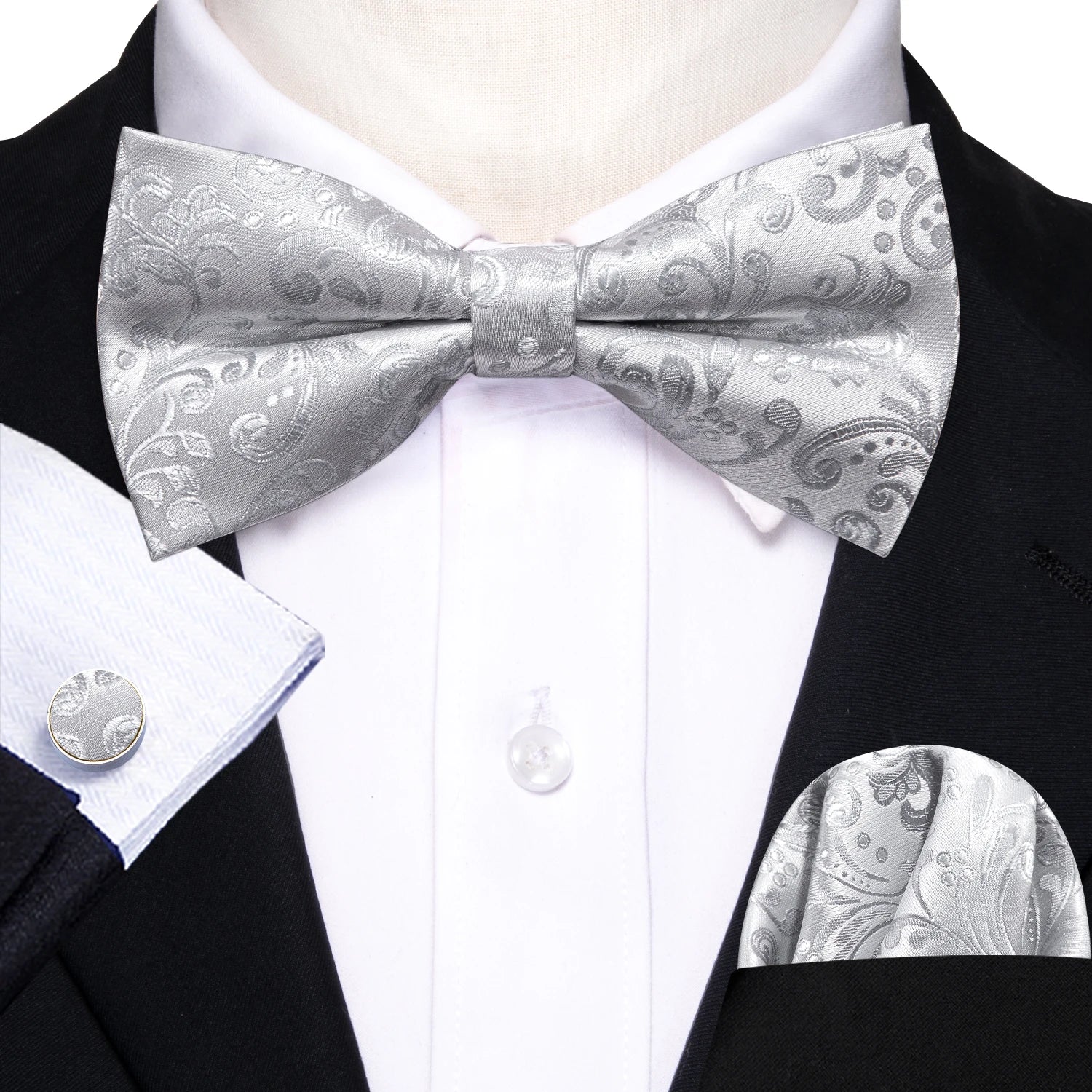 Barry.Wang Silk Bow Tie Hanky Cuffs Set
