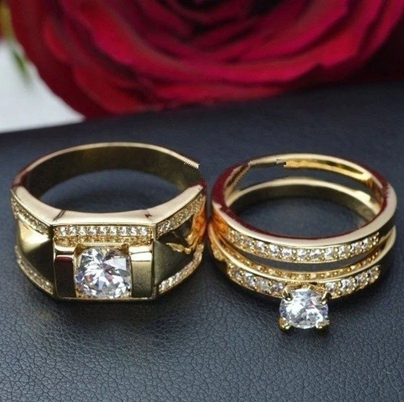 Luxury Metal Carving Inlaid Zircon Stone Couple's Bridal Set