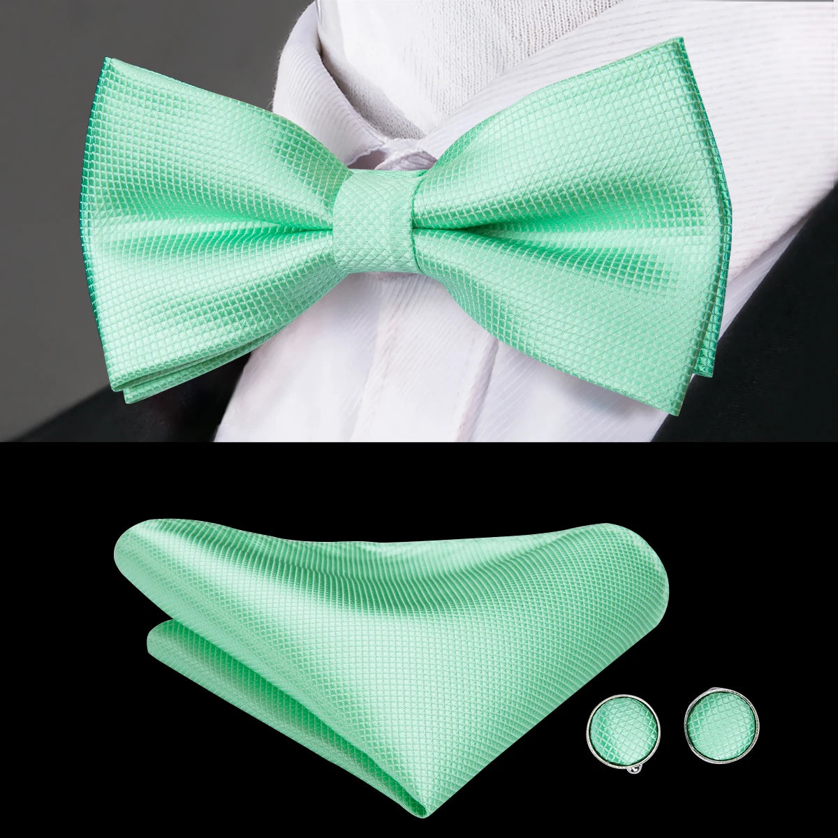 Solid Silk Bow Tie Hanky Cuff Links Set
