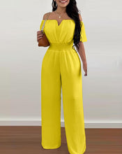 Off Shoulder Plain Short Sleeve Shirred Waist Wide Leg Jumpsuit