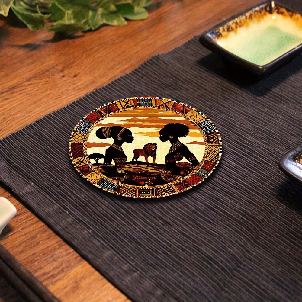 6 Pack African Tribal Style Wooden Coaster with Cork Mat