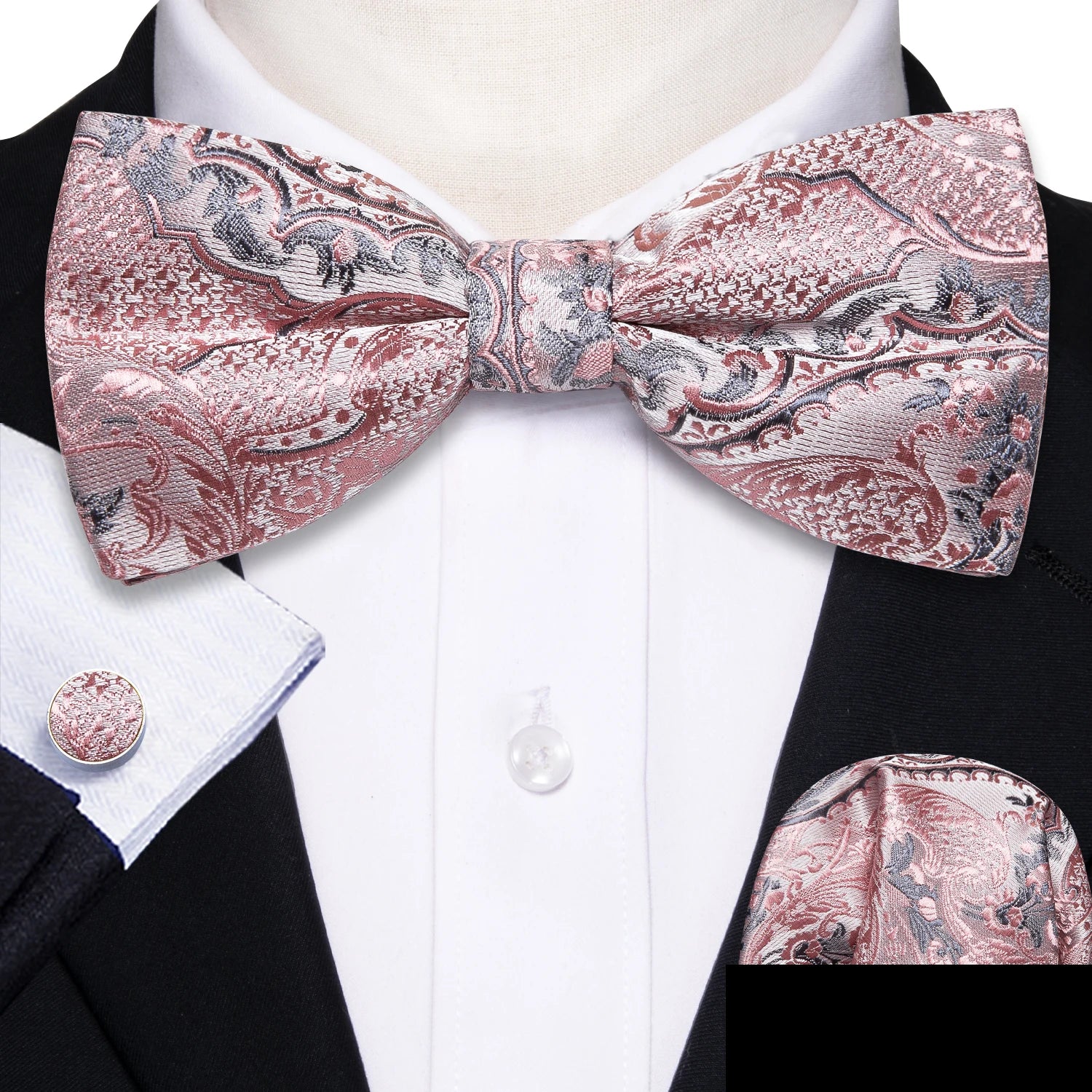 Barry.Wang Silk Bow Tie Hanky Cuffs Set