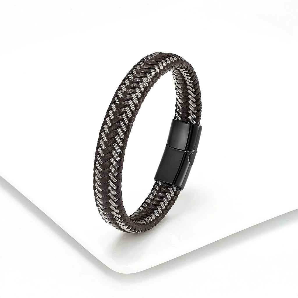 Leather Rope Stainless Steel Buckle Braided Bracelet
