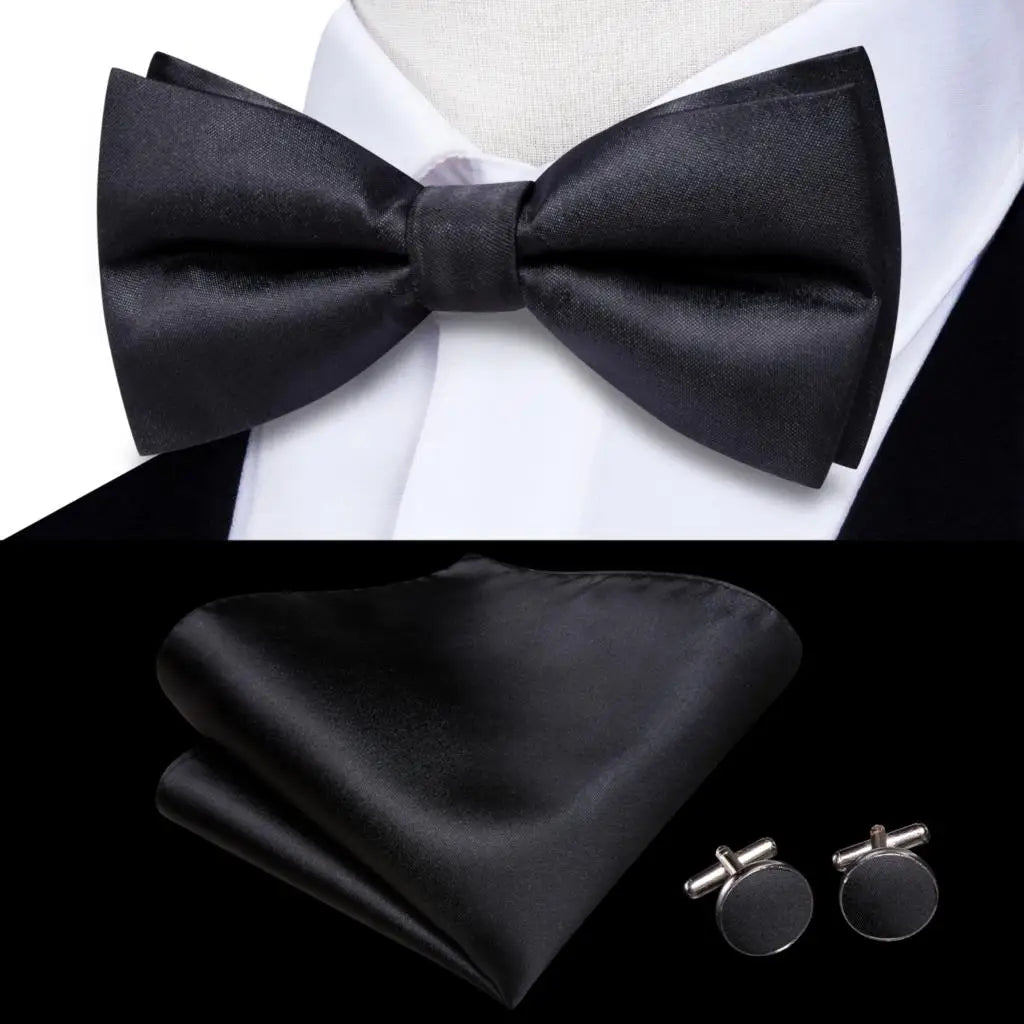 Solid Silk Bow Tie Hanky Cuff Links Set