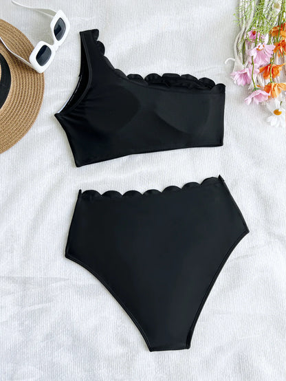 Black & White Patchwork Ruffled One Shoulder High Waist Swimsuit