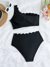 Black & White Patchwork Ruffled One Shoulder High Waist Swimsuit