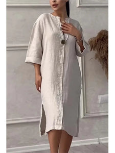 Long Sleeve Linen Solid Color Dress