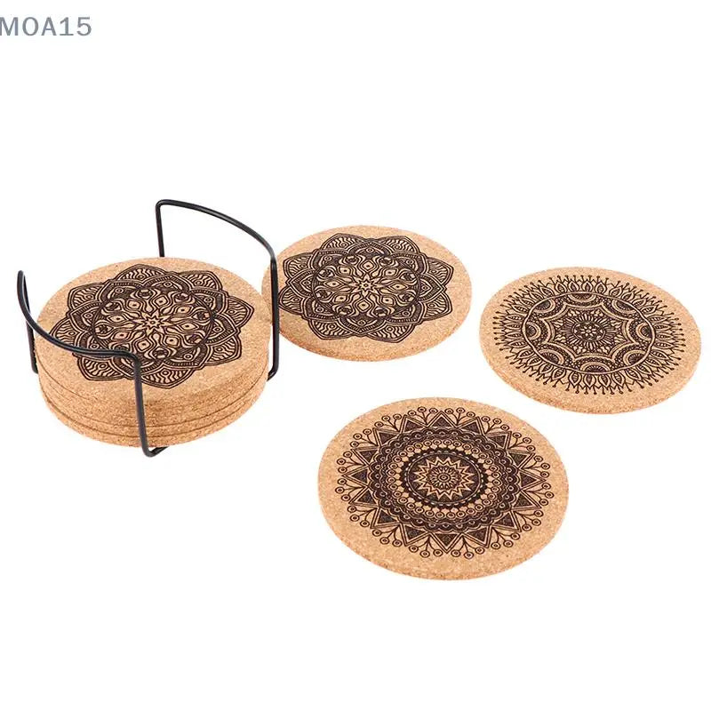 12x Mandala Round Wooden Coaster With Rack Cork Set