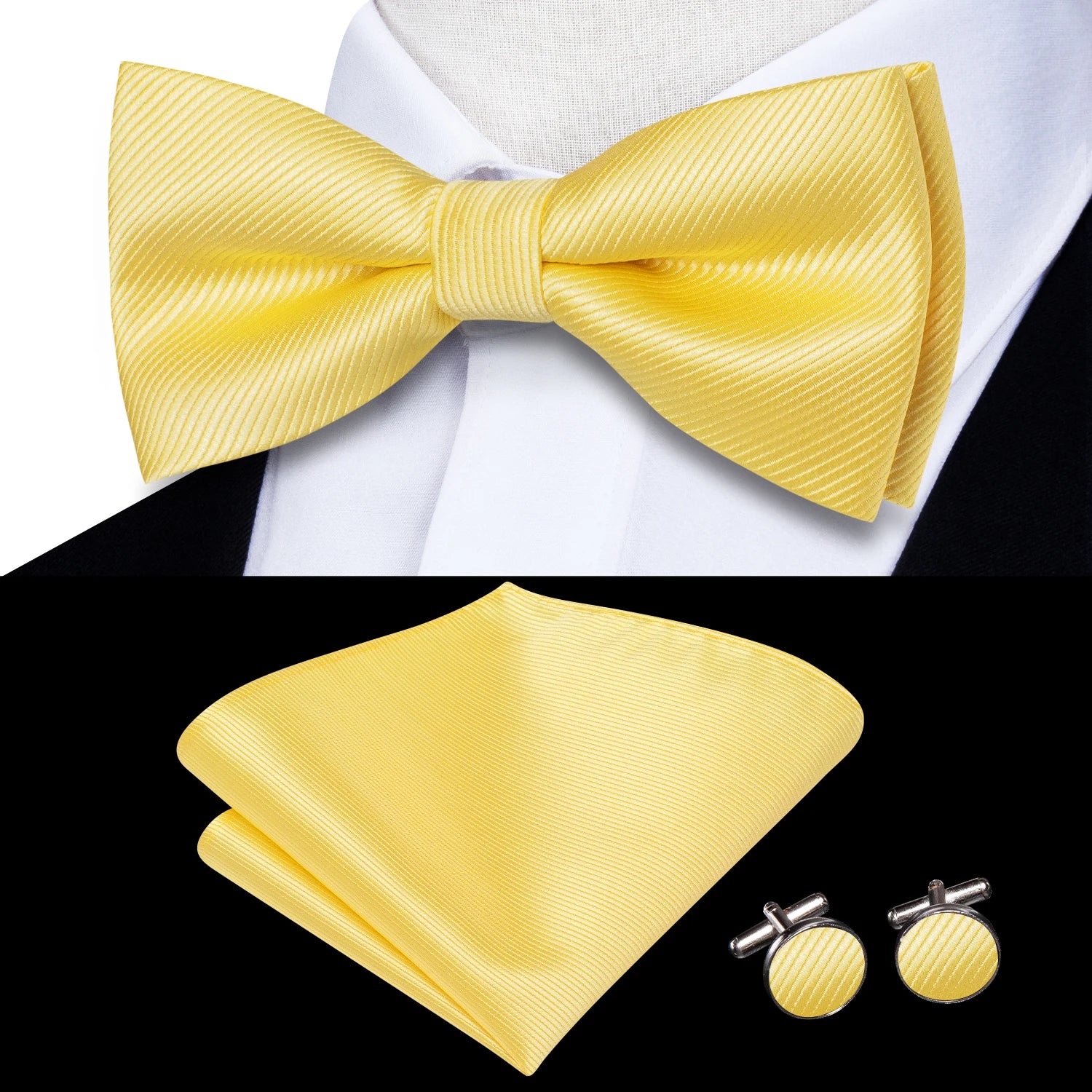 Solid Silk Bow Tie Hanky Cuff Links Set