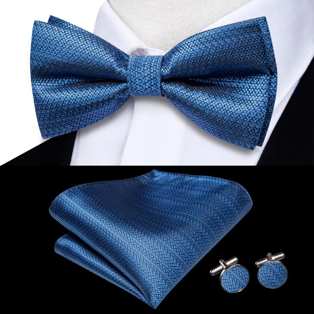 Solid Silk Bow Tie Hanky Cuff Links Set