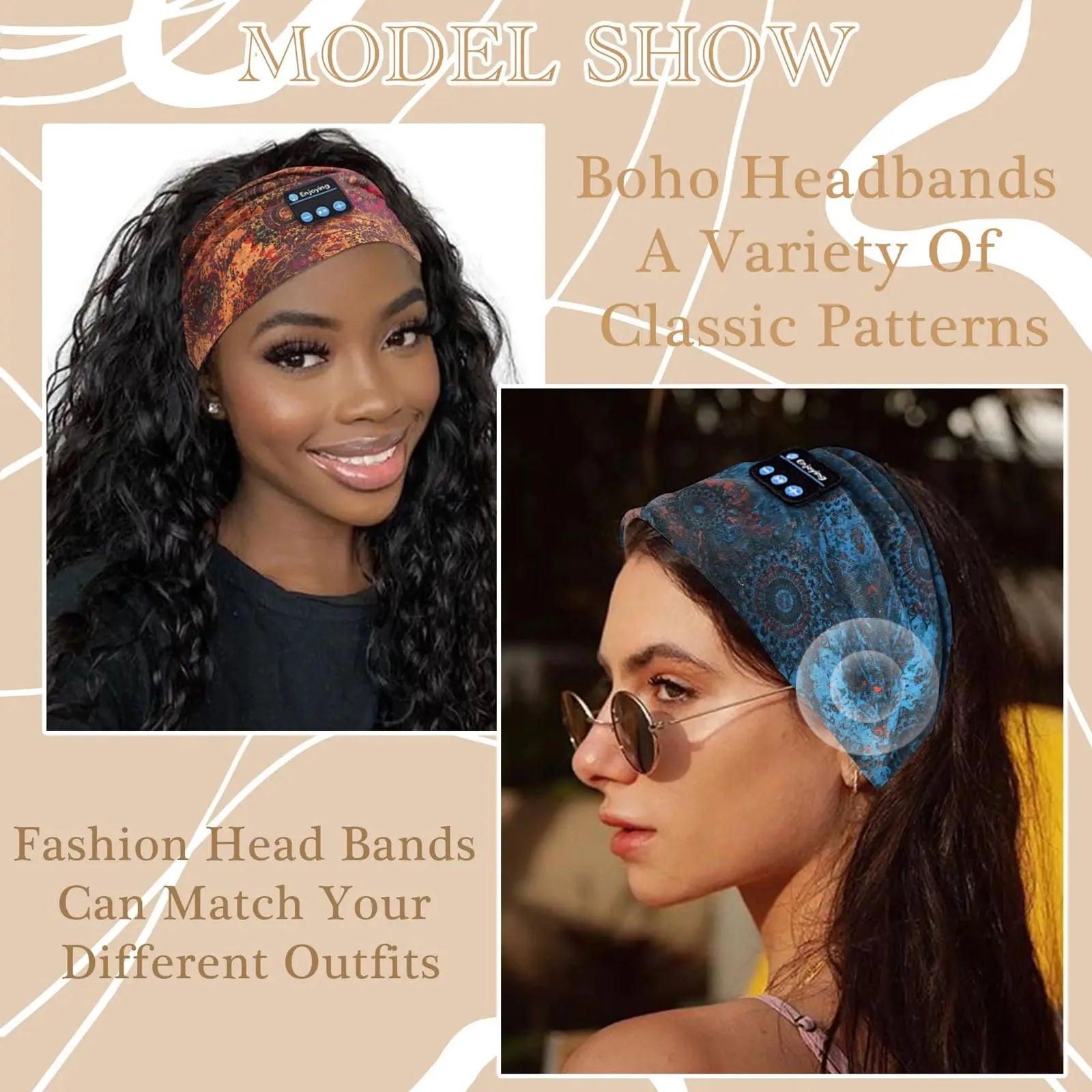 Wireless Bluetooth Floral Print Headband Headphones with Headset Microphone