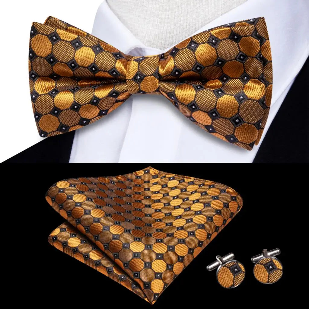 Solid Silk Bow Tie Hanky Cuff Links Set