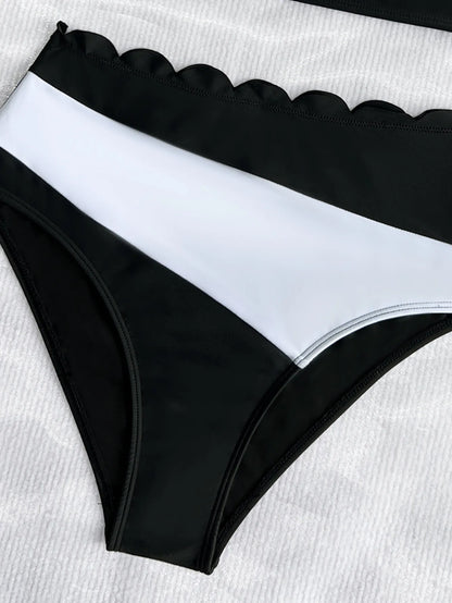 Black & White Patchwork Ruffled One Shoulder High Waist Swimsuit