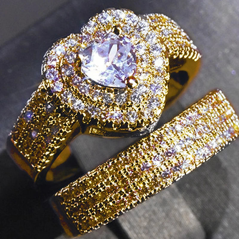 Huitan Eternity Love 2Pcs/Set Cubic Zirconia Heart Rings