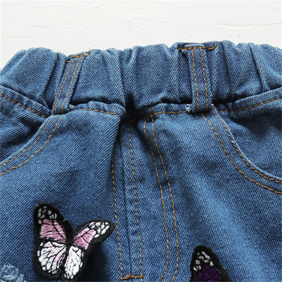 Butterfly Embroidery And Broken Hole Jeans