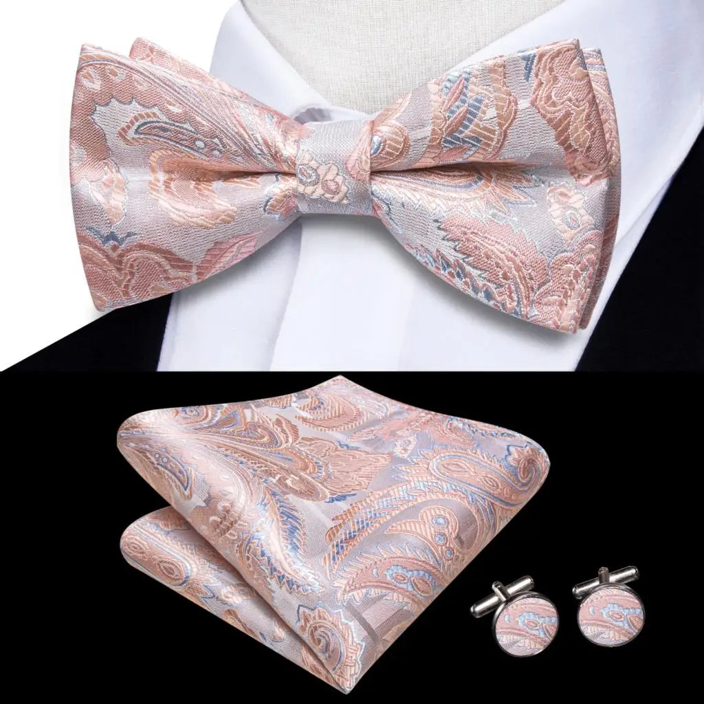 Solid Silk Bow Tie Hanky Cuff Links Set