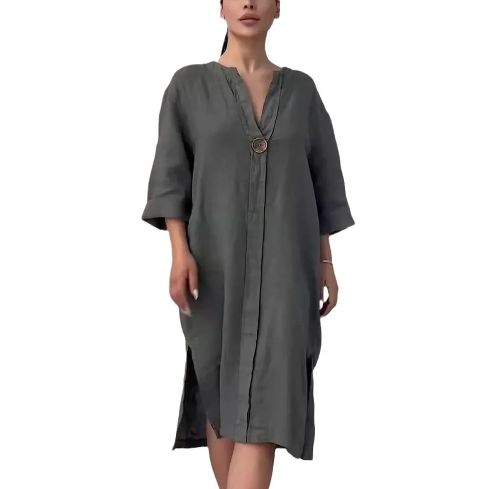 Cotton and Linen Solid Color Casual Round Neck Button Long Dress