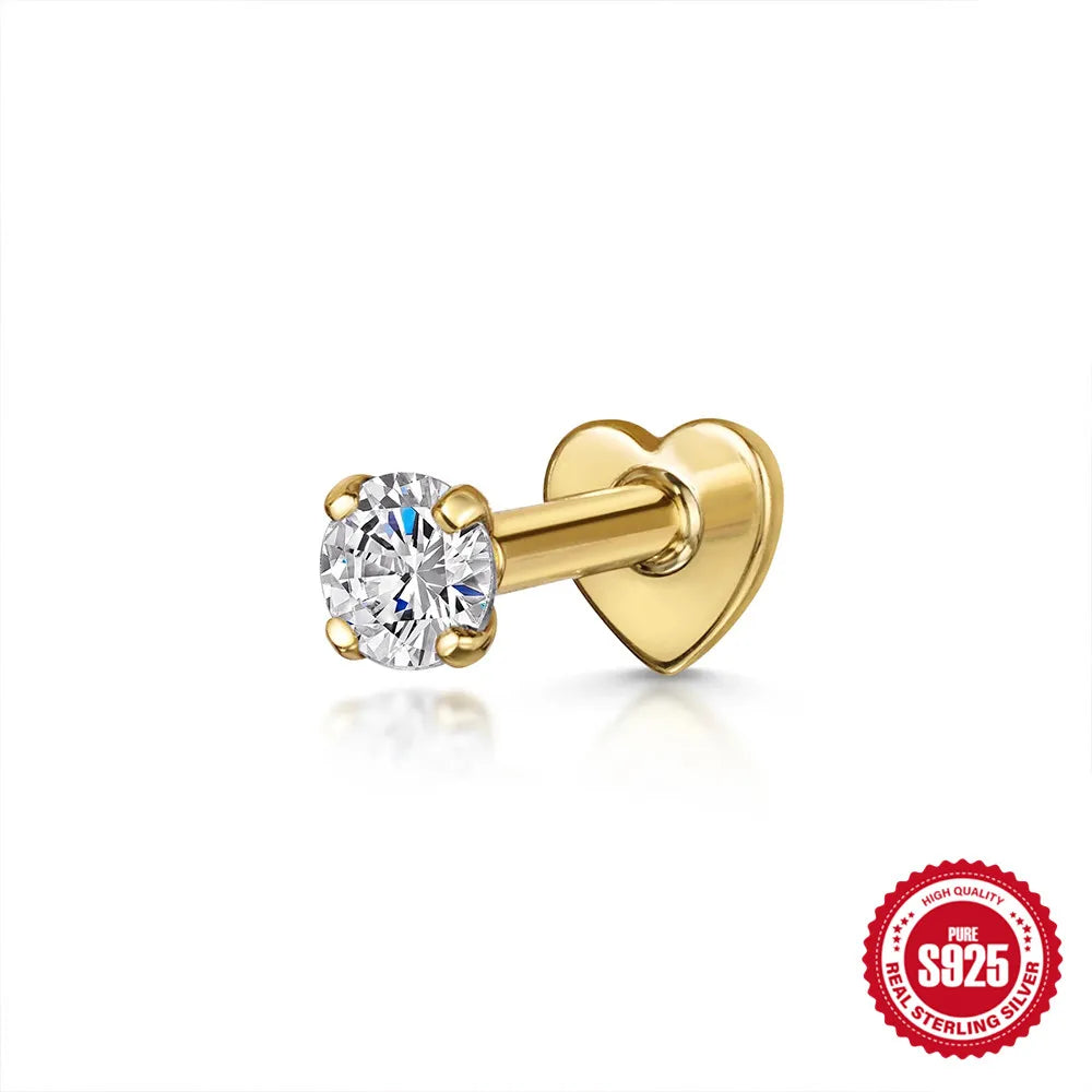 925 Sterling Silver Heart Flat Push-Back Zircon Piercing Stud Earrings