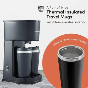 EHC116 Dual Drip Double Coffee Maker with Two 14 Oz Stainless Steel Interior Thermal Travel Mug
