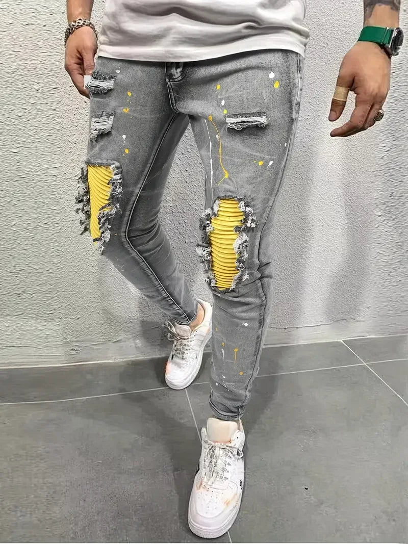 Creative Street Style High Stretch Paint Splatter Ripped Slim Jeans