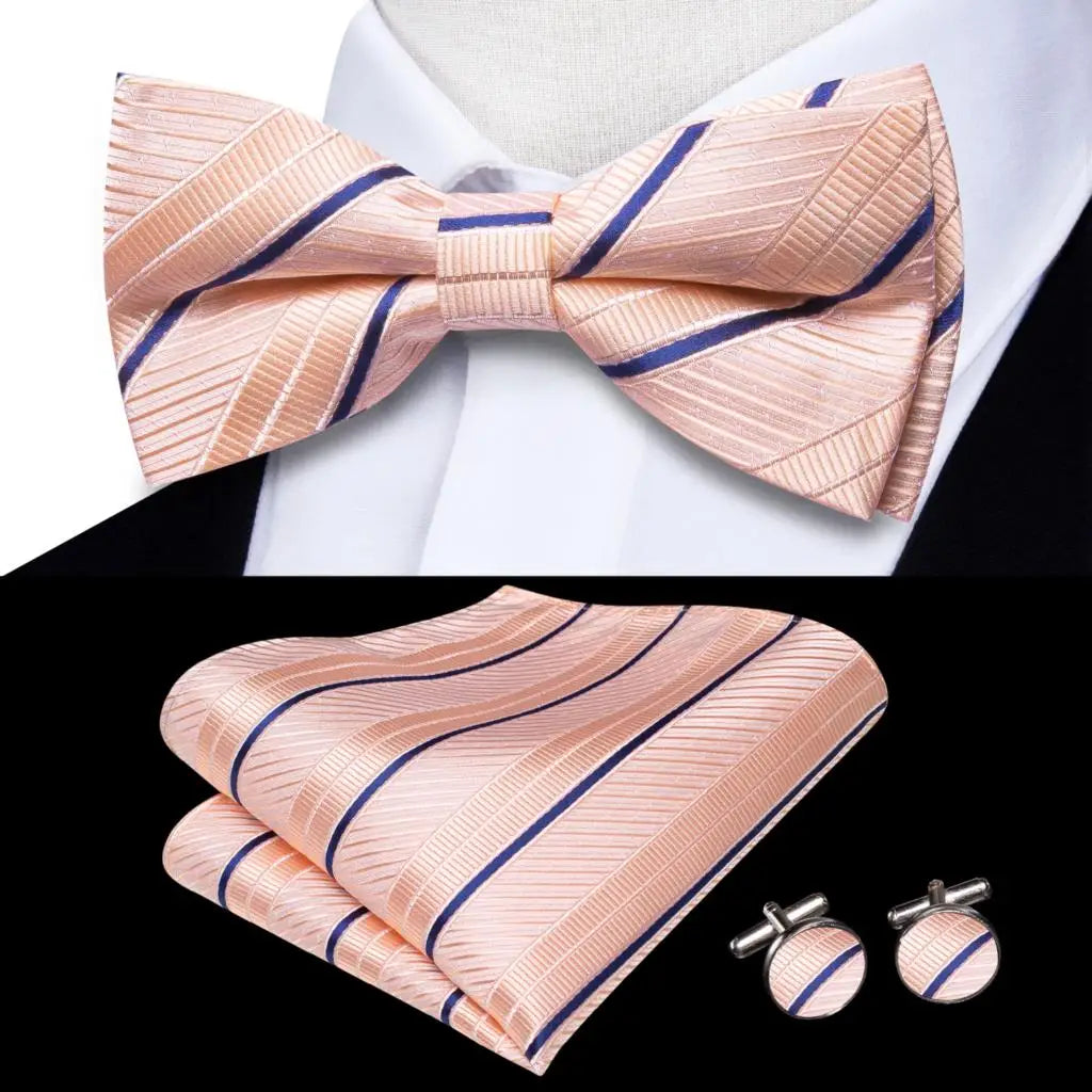 Solid Silk Bow Tie Hanky Cuff Links Set