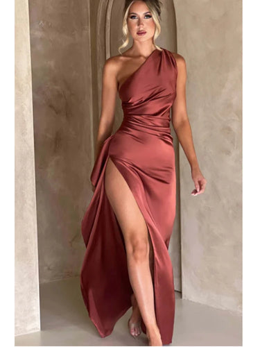 Single Shoulder Pleated Sexy Satin Dress