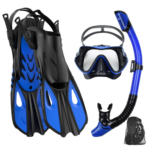 Mask Fin Snorkel Set Panoramic View Mask Adjustable Dive Flipper Dry Top Snorkel and Travel Bag