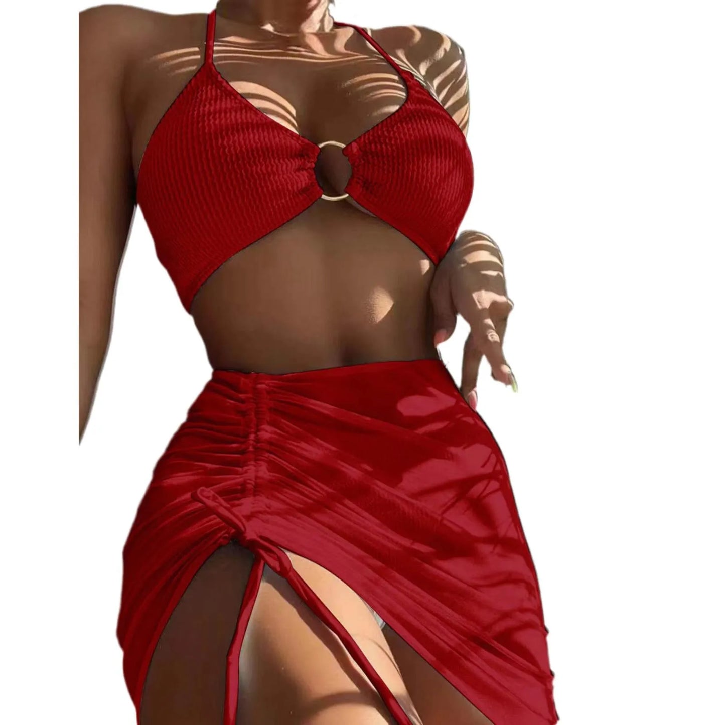 Solid Color 3Pce Bikini With Adjustable Drawstring