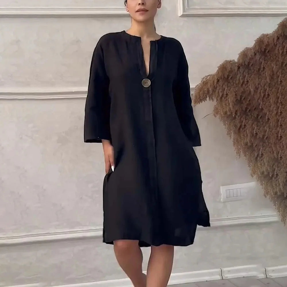 Long Sleeve Linen Solid Color Dress