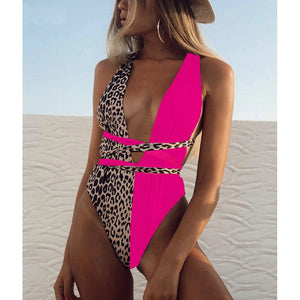 Plunging One Piece Backless Belted Swimsuit