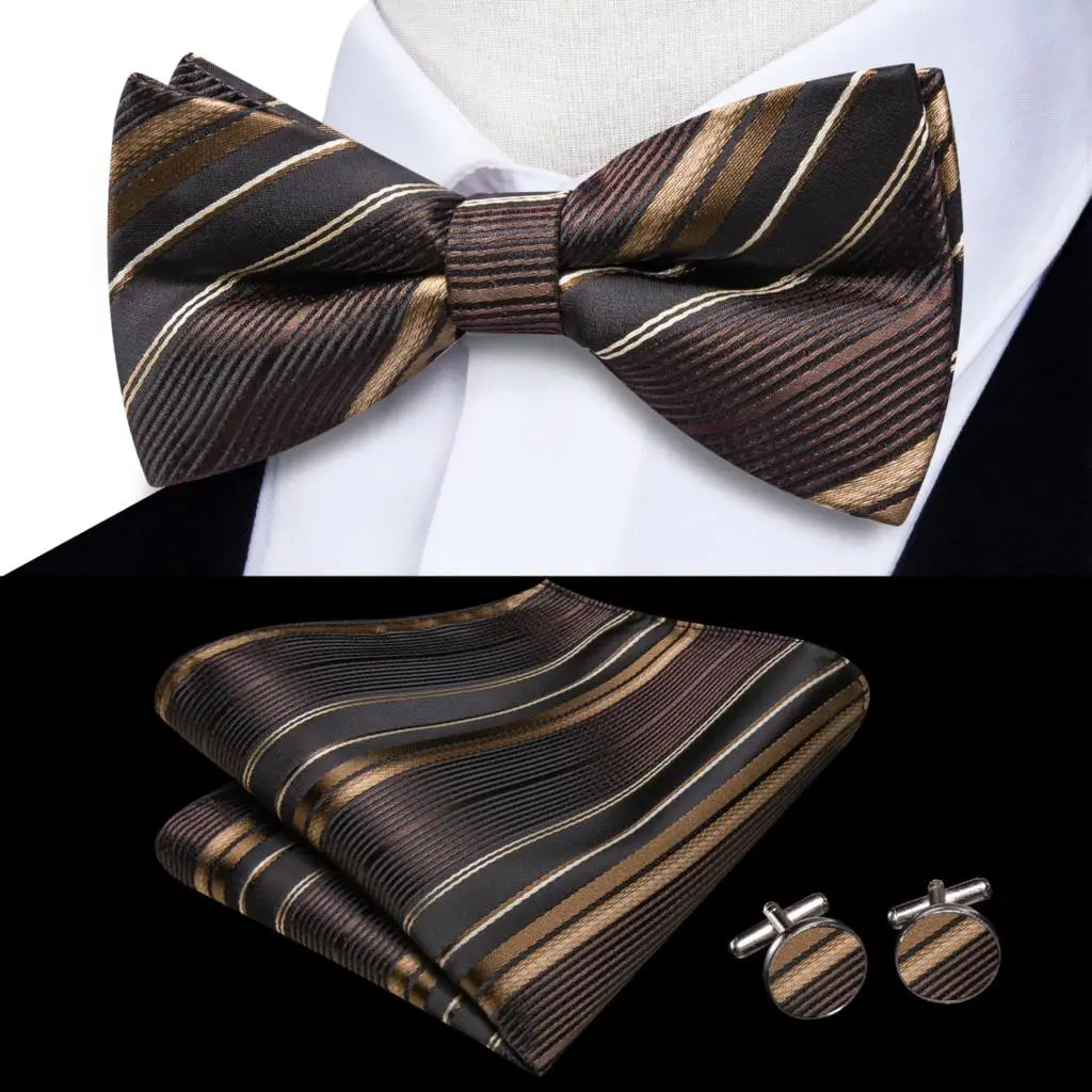 Solid Silk Bow Tie Hanky Cuff Links Set