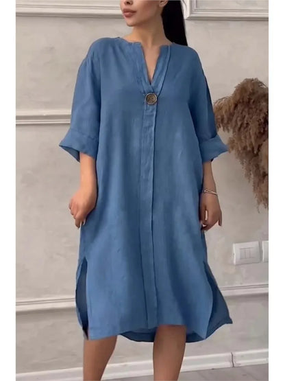 Long Sleeve Linen Solid Color Dress