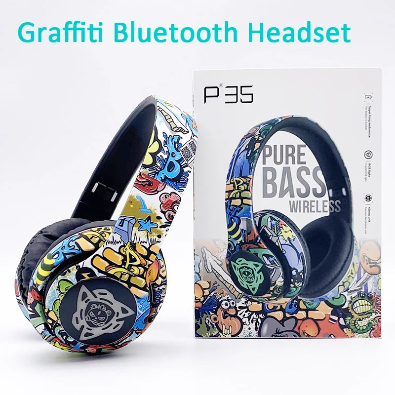 LED Graffiti Foldable Wireless Bluetooth Headphones Noise Canceling with Super Bass