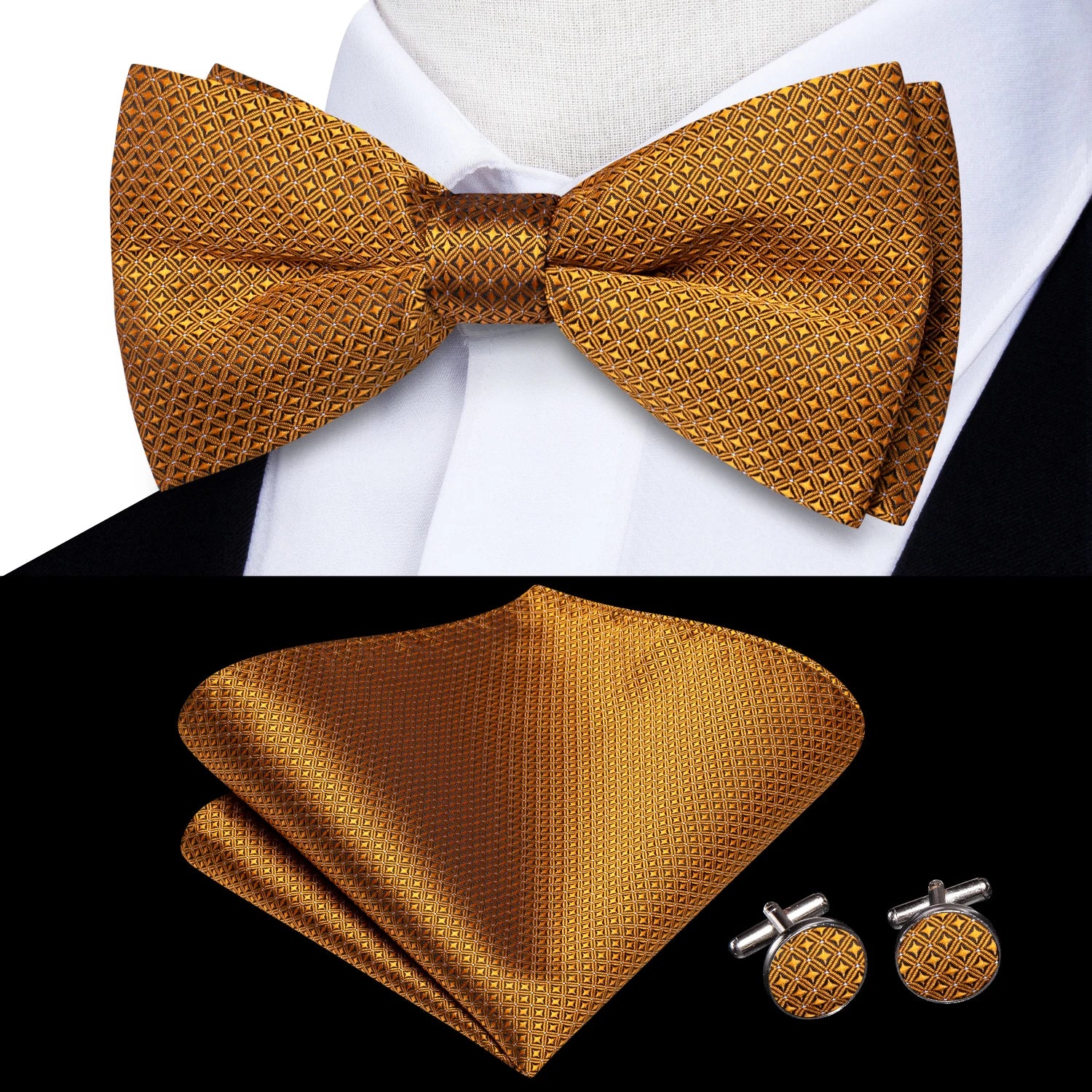 Solid Silk Bow Tie Hanky Cuff Links Set