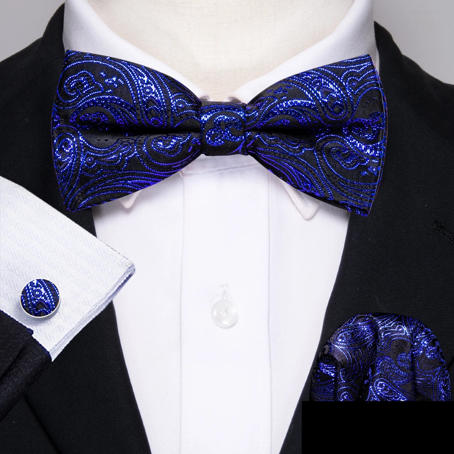 Barry.Wang Silk Bow Tie Hanky Cuffs Set