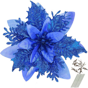 18Pcs Glitter Artificial Christmas Flowers With Clips