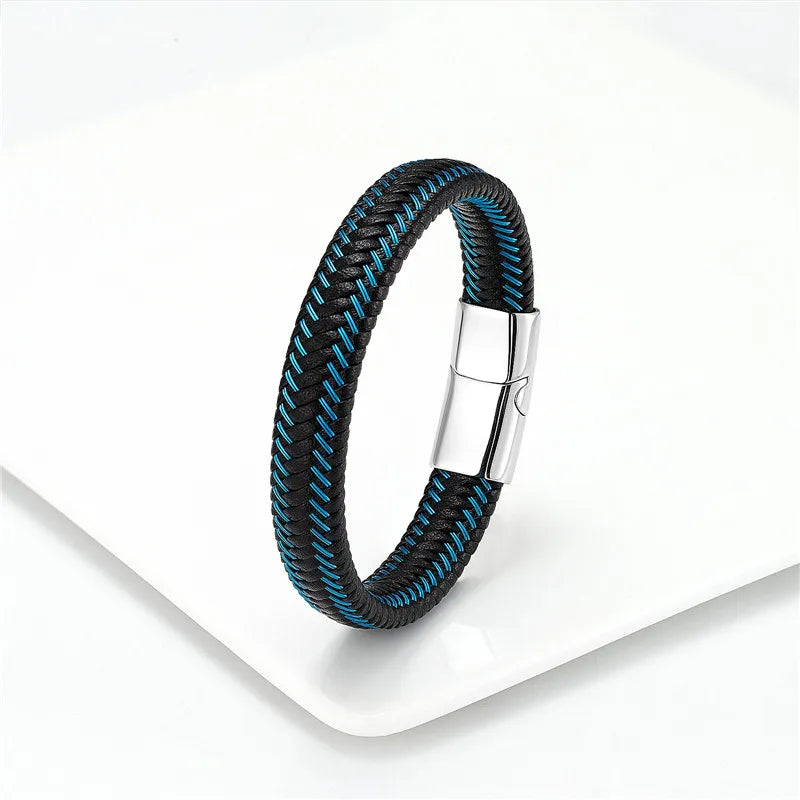 Leather Rope Stainless Steel Buckle Braided Bracelet