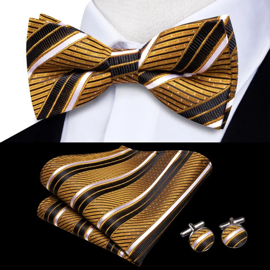 Solid Silk Bow Tie Hanky Cuff Links Set