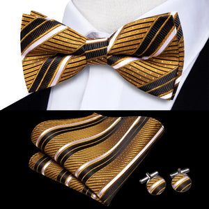Solid Silk Bow Tie Hanky Cuff Links Set