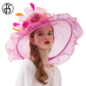 Kentucky Derby Wide Brim Flower Feather Hat