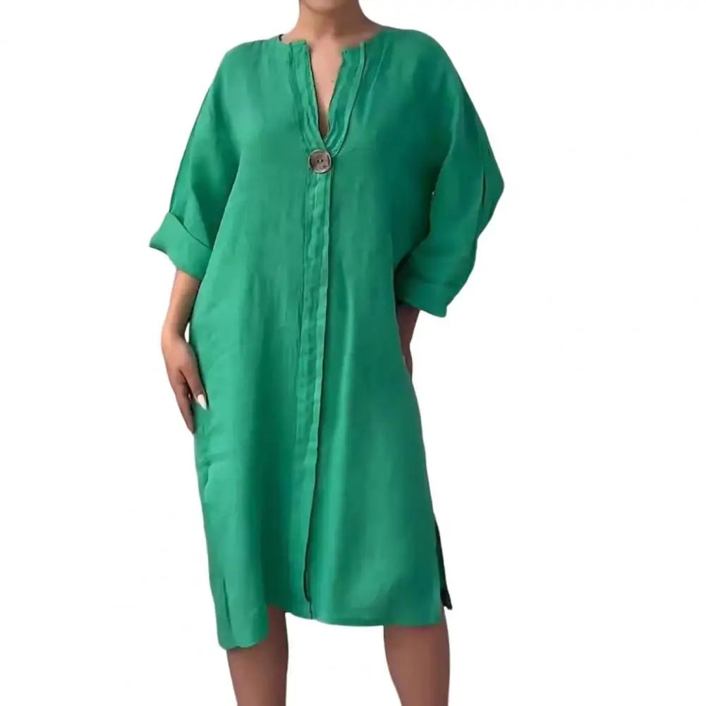 Soft Fabric Button V-neck A-line Midi Dress with Three Quarter Sleeves