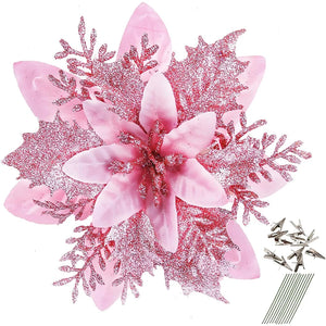 18Pcs Glitter Artificial Christmas Flowers With Clips