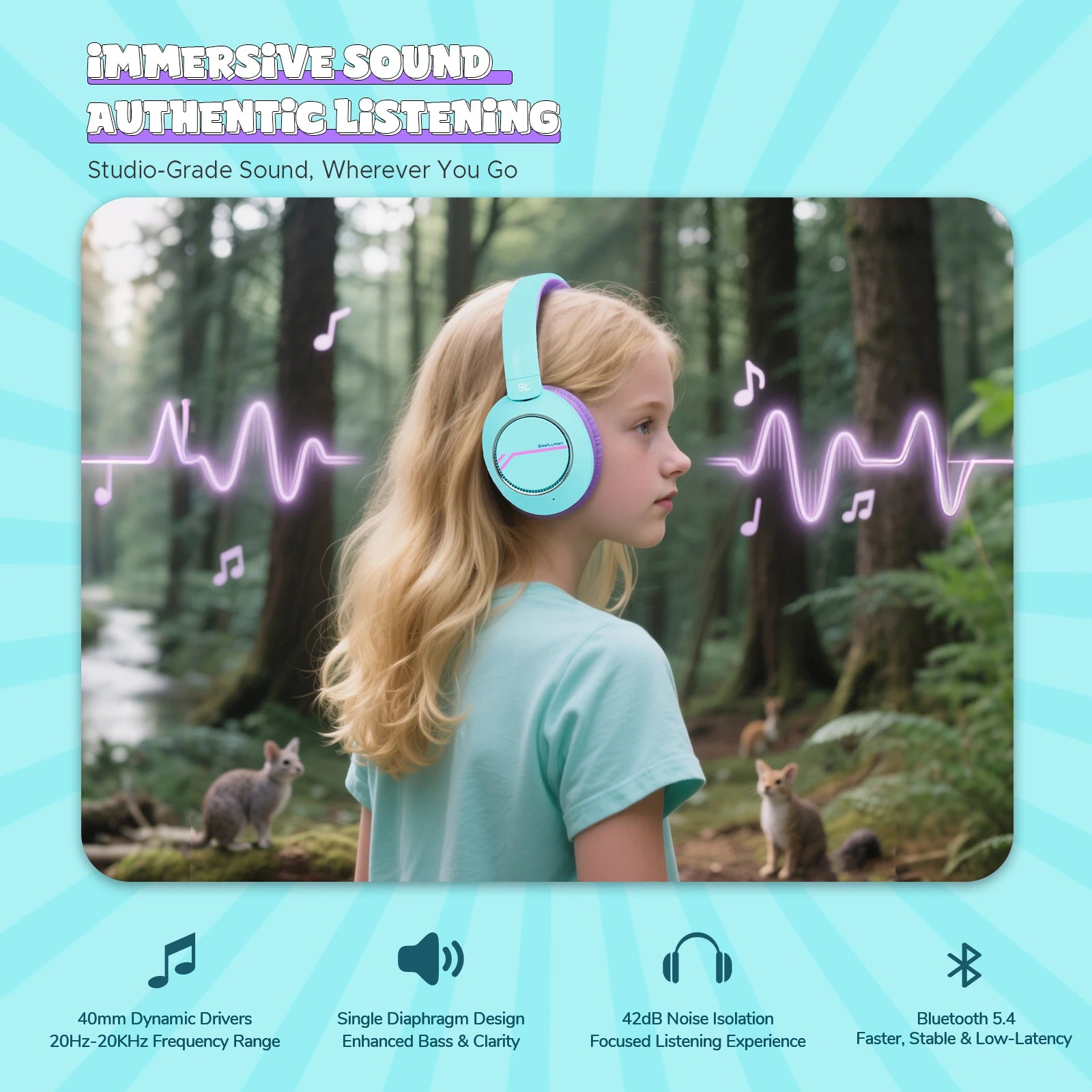 Nova1Pro Kids ANC Wireless Headphones 5.4 42dB Active Noise Cancellation with Mic