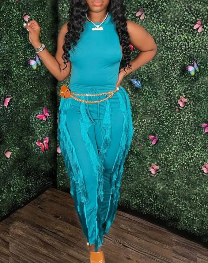 Solid Casual Tank Top & Tassel Decor Drawstring Pants Set